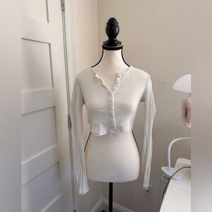 Urban Outfitters White Ribbed Cropped Button-Up Top SM